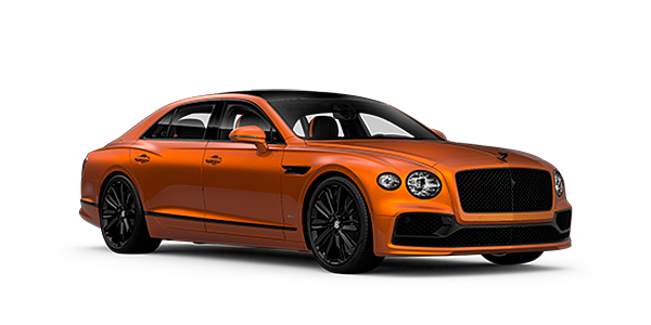 Bentley Muscat Bentley Flying Spur Speed front side angled view in Orange Flame coloured exterior. 