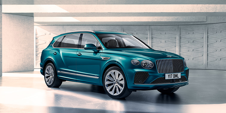 Bentley Muscat Bentley Bentayga Extended Wheelbase Azure SUV front three quarter in Topaz blue paint colour with a grey background