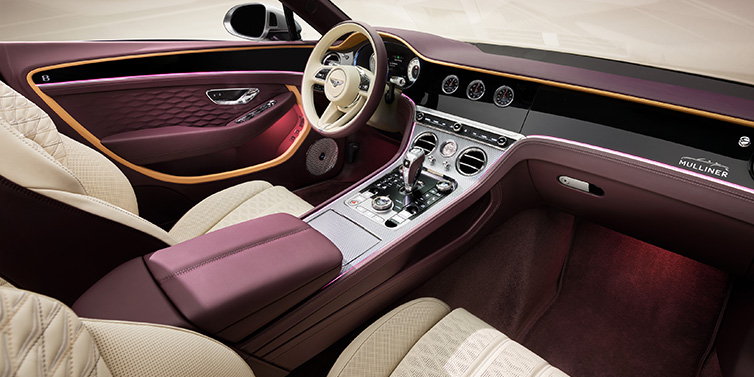 Bentley Muscat Bentley Continental GTC Mulliner convertible front interior including Linen and Damson purple hides and Grand Black veneer