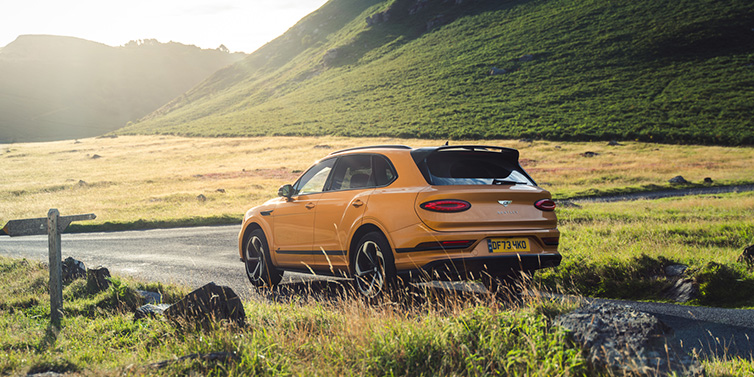 Bentley Muscat Bentley Bentayga S SUV rear three quarter in Sunburst Gold paint on a road surrounded by green hills